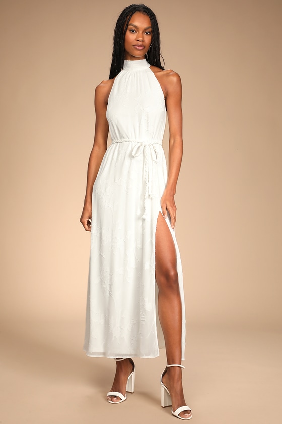 White Jacquard Dress - Halter Maxi ...